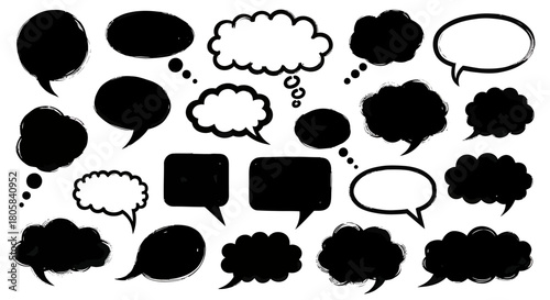 Collection of speech bubbles and thought clouds in various shapes and sizes, black and white.