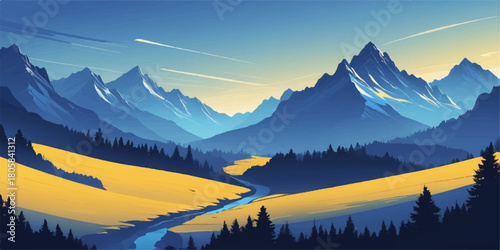 Serene valley scene featuring reflective lake, golden meadows and layered blue mountain ranges.