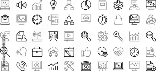 Thin Line Marketing and Business Icons Set – SEO, Advertising, Analytics, Management