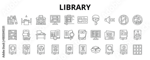 30 Library Line Icons Vector - Silent Zone, No Phone, No Eating, Bookshelf, Book Archive, Librarian Desk, Library Card