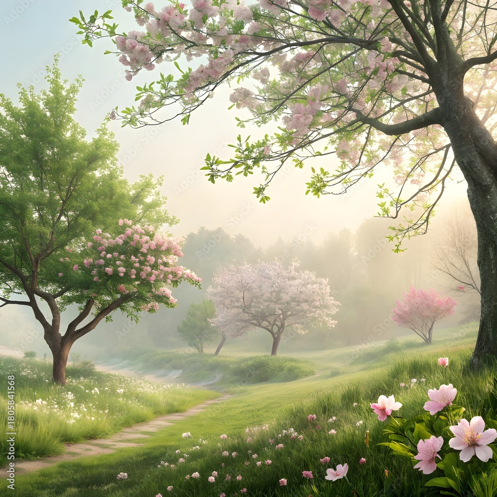 Fototapeta premium Spring landscape in the park with blooming trees and a clear sky