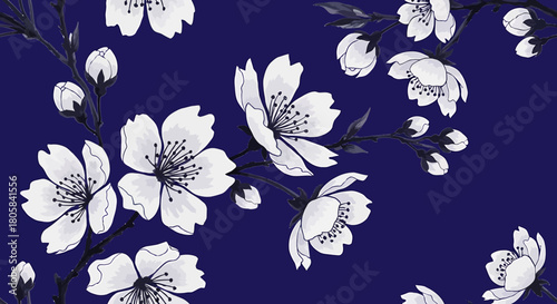 Elegant illustration of white cherry blossoms blooming on dark blue branches, a beautiful floral design.
