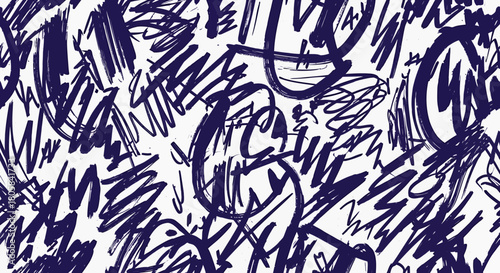 Abstract artwork featuring a dense arrangement of dark blue scribbles and energetic lines on a white background.