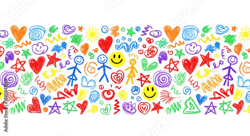 Colorful hand-drawn doodle pattern with hearts, stars, stick figures, and smiley faces on a white background, forming a seamless border.