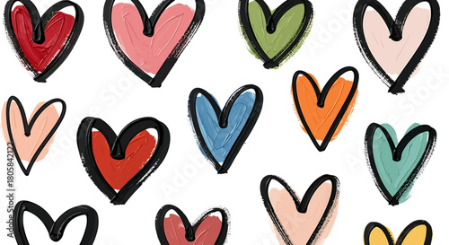Colorful hand-drawn hearts in various shades, outlined with black, arranged on a white background.