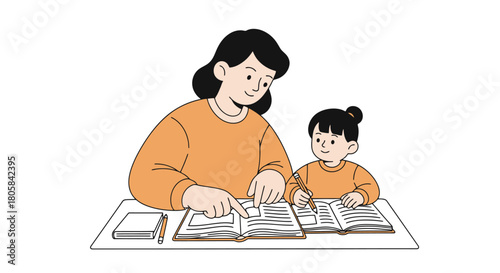Mother and Child Studying Together Early Education Learning Homework Help Family Time Skill Development Reading Books White Background Illustration
