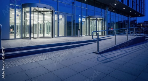 Modern office building entrance featuring an illuminated glass facade and revolving doors at dusk, complete with an accessible ramp in a sleek urban setting.