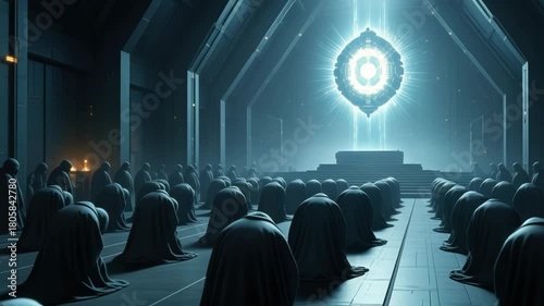 Anonymous hooded figures kneeling in a futuristic temple during a mystical ceremony. A congregation in a dark hall bows to a glowing alien artifact or divine energy source