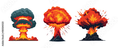 Set of three massive nuclear-style mushroom cloud explosion illustrations.