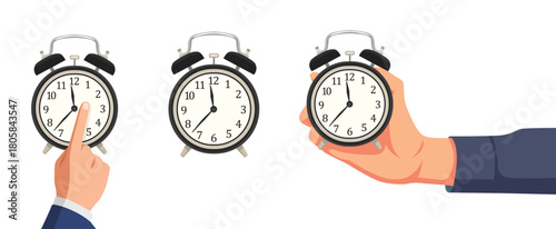 Hands interacting with classic alarm clocks, managing time and urgency.