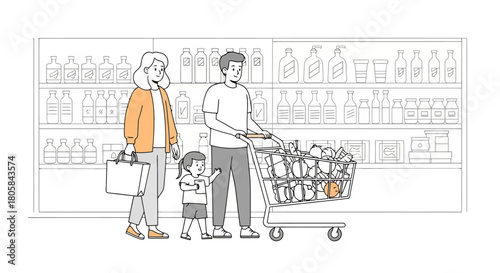 Family Shopping for Groceries Together with a Full Cart in a Supermarket Aisle