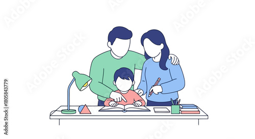 Family Helping Child with Homework at Desk Education and Support Concept
