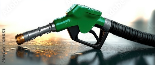 Green fuel pump nozzle lying on wet reflective pavement with water droplets and warm golden light, evoking a quiet, contemplative mood