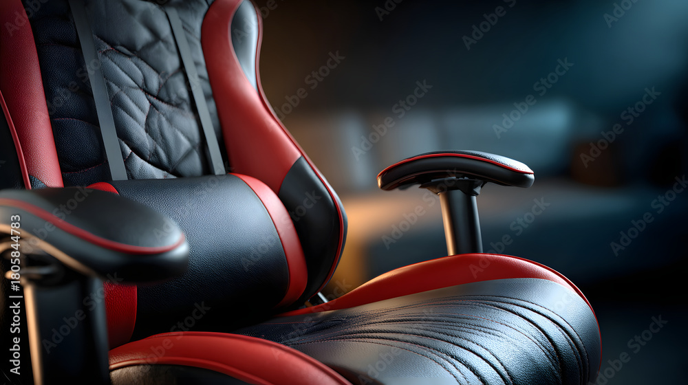 Obraz premium Sleek, ergonomic gaming chair with black and red design, featuring adjustable armrests and quilted backrest, perfect for enhancing comfort during long gaming sessions