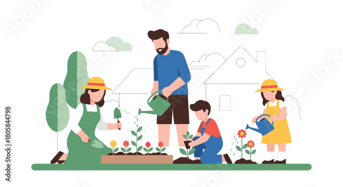 Family Enjoying Outdoor Gardening Together Cultivating Plants and Flowers in a Backyard Setting