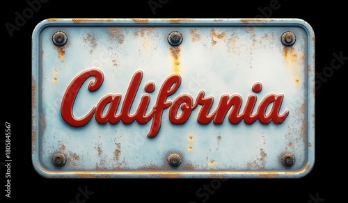 weathered vintage metal license plate with red cursive california text, rusted bolts and patina evoking nostalgic road trip feeling