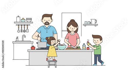 Happy Family Cooking Together in a Modern Kitchen Illustration
