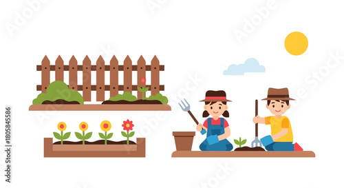Children Enjoying Gardening Together Cultivating Plants in a Sunny Backyard