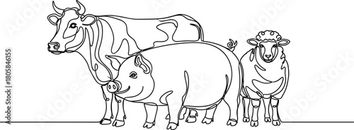 Continuous one line drawing of cow pig and sheep standing together minimalist vector illustration representing farm animals agriculture and livestock farming.