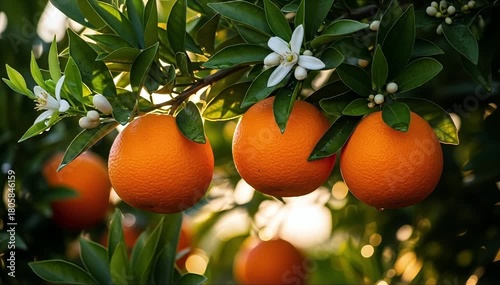 Vibrant oranges swaying gently on branches, sun kissed and bursting with fresh flavor in a lush grove, perfect for healthy recipes