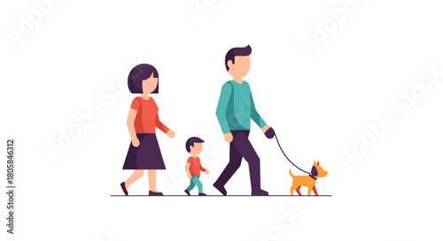 Family Strolls Outdoors with Pet Dog on Leash Modern Flat Illustration