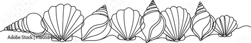Continuous line seashell border illustration, minimalist ocean conch and clam shell pattern vector art for beach decoration and design.