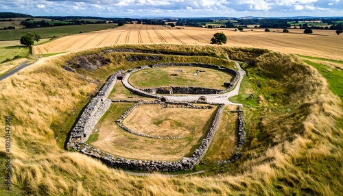 Aerial view of an ancient circular fort nestled within a grassy landscape under a cloudy sky