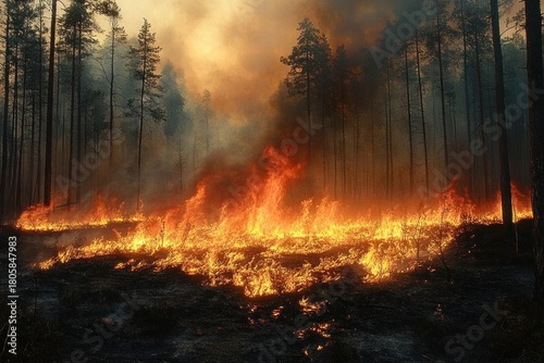 Wildfire sweeping through a dry pine forest with low orange flames across blackened underbrush, tall tree silhouettes and thick smoke creating an ominous, destructive scene