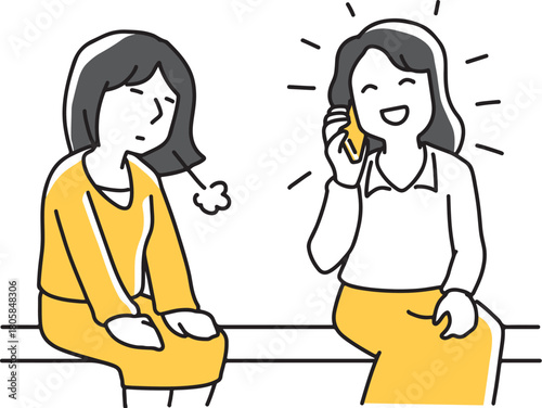 夢中で電話している人の横でため息をつく女性