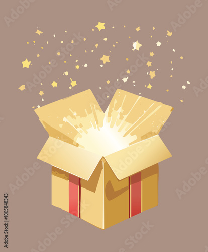 Exploding Open Gift Box Revealing a Brilliant Light Burst for Unexpected Holiday Present Surprise