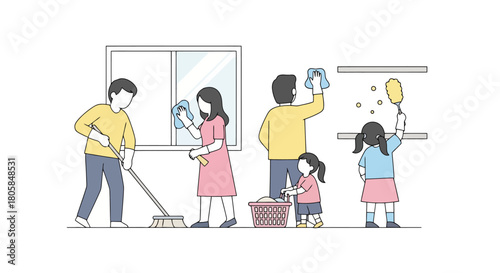 Family Cleaning House Together Spring Cleaning Lifestyle Vector Illustration