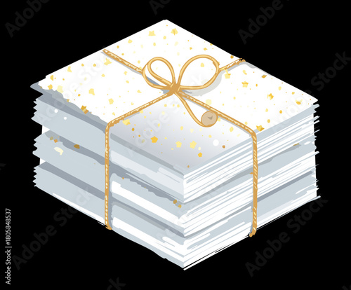 Stack of White Paper Sheets with Golden Star Pattern Tied with a Simple Thin Gold String
