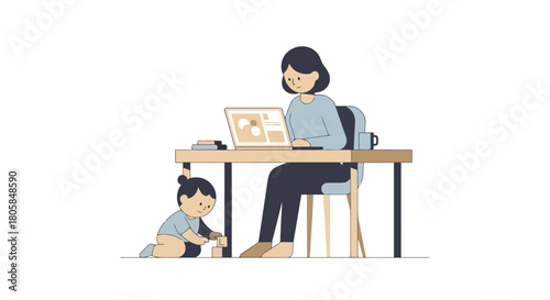 Working from Home Mother with Laptop and Child Playing