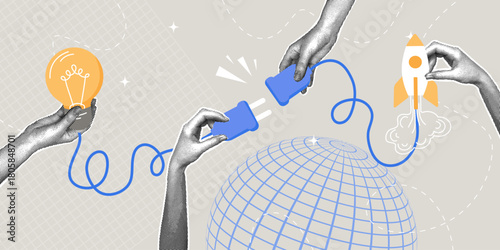 Connecting ideas for global innovation and growth. Trendy halftone collage. A businessman connects a lightbulb to a rocket. Conceptualizing the process of problem solving, new ideas, and starting a