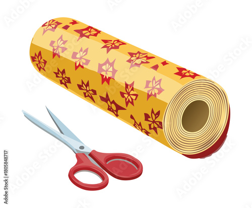 Yellow Floral Pattern Christmas Wrapping Paper Roll with Scissors and Tape for Holiday Preparation
