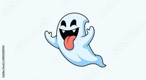 A silly and playful cartoon ghost character flying and sticking its tongue out with a goofy expression on a light background.