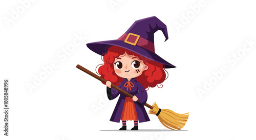 An adorable little witch character with curly red hair and a purple hat holding her magic broomstick on a white background.