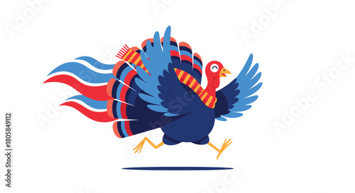 A stylized patriotic turkey running with a festive scarf and red white and blue feathers for a holiday celebration on white.