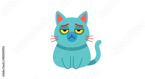 A very sad and tired blue cat character with droopy eyelids and a frowning expression sitting on a white isolated background.