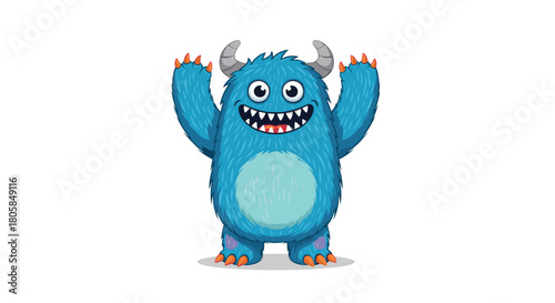 A happy and furry blue monster character with sharp teeth and claws smiling with its arms raised on a white background.