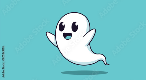 An adorable and friendly cartoon ghost character waving happily while floating against a solid blue-green background for Halloween.