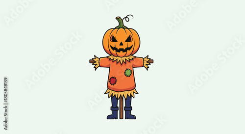 A spooky Halloween scarecrow character with a scary carved pumpkin head and patched clothes on a light background vector art.