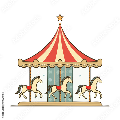 Traditional Red and White Striped Carousel Vector Illustration with Elegant Horses Amusement Park Ride Event Design