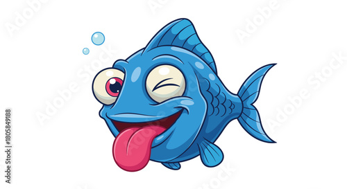 A funny and crazy cartoon blue fish character with big eyes winking and sticking its long pink tongue out on white background.