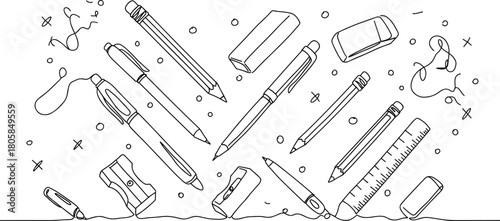 Creative line art illustration of school stationery items like pencils, pens, rulers, erasers, and sharpeners floating in design.