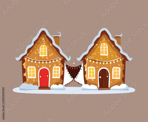 Small Gingerbread Houses with Snow Covered Roofs and Glowing Windows Holiday Scene