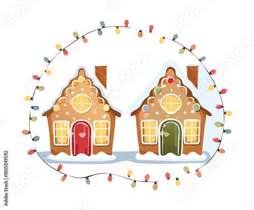 Cute Gingerbread House Village Decoration with Colorful String Lights and Candy Trim