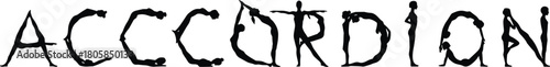 Creative typography design spelling word accordion using human body silhouettes forming letters, artistic alphabet and dance pose concept illustration