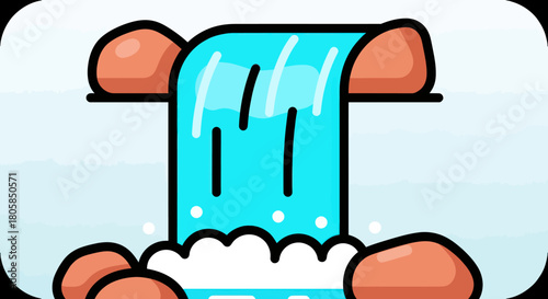 Cartoon Waterfall Illustration with Rocks and Bubbles.