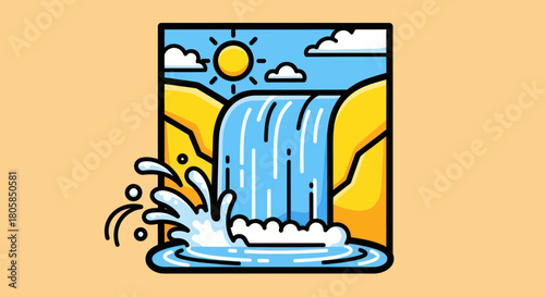 Cartoon waterfall illustration with blue water and yellow cliffs under the sun.